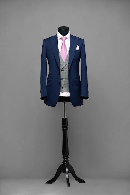 Atelier om kleding te repareren Stijlvolle look Fashion look Mannen look Trouwstijl Modeconcept Merkkleding Klassiek kostuum Pak op zwarte achtergrond Winkeldisplay Klassieke stijl Grijze achtergrond