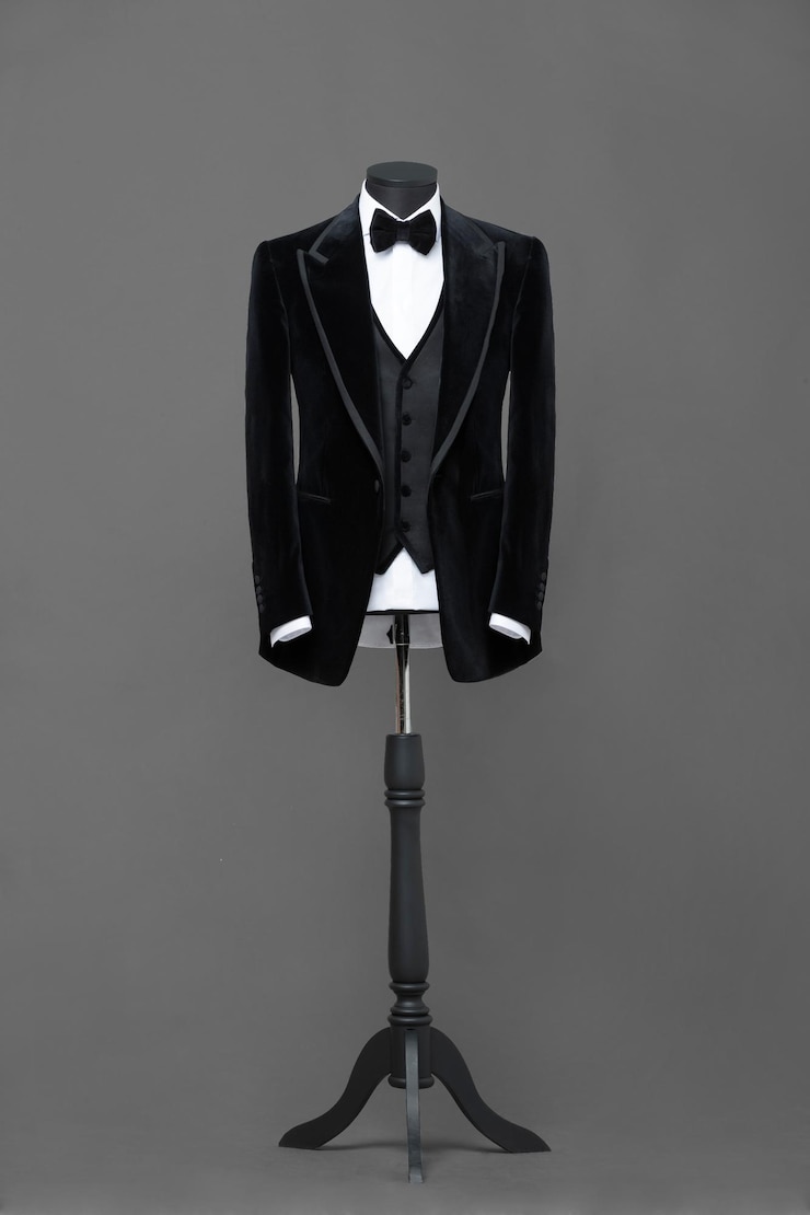 Photo atelier to repair clothes stylish look fashion look men look wedding style fashion concept brand clothing classic costumesuit on black background store display classic style grey background