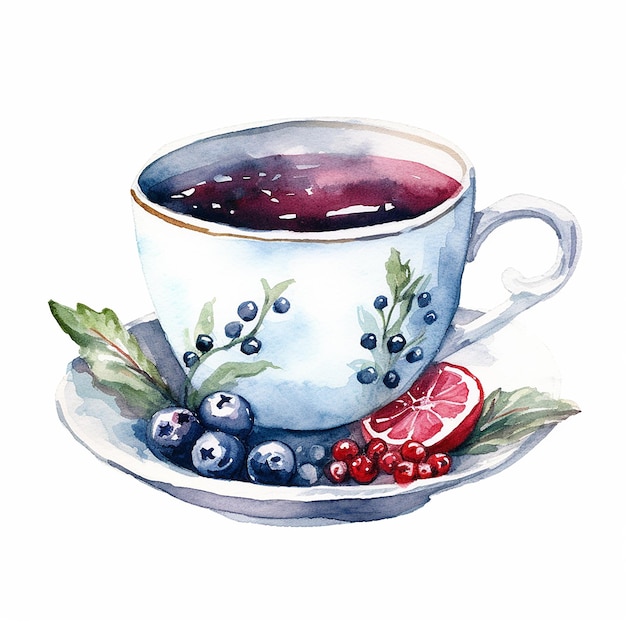 atercolor Winter Teacup with flowers Clipart white background