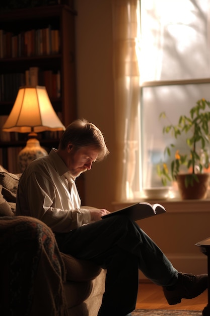 Photo atheist individual in a contemplative moment reading a philosophy book in a serene home environment