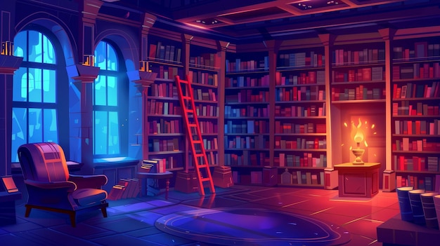 Photo athenaeum place cartoon modern illustration of a luxury old library interior at night with books on wooden shelves a ladder a cozy armchair a glowing floor lamp a closed window and a cosy