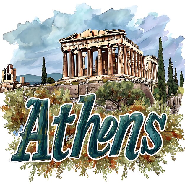 Athene tekst met oud-Grieks geïnspireerd typografieontwerp in aquarel Lanscape Arts Collection