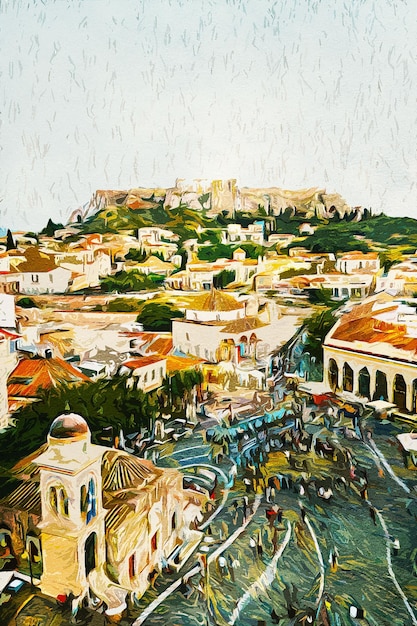 athens greece beautiful oil paint landscape