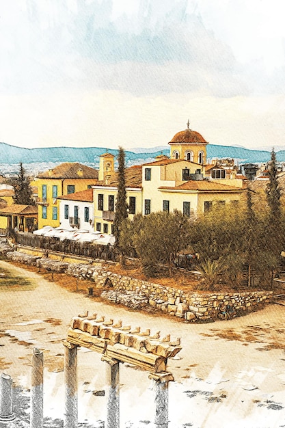 athens greece color pencil landscape