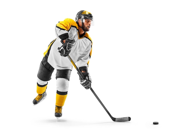 Athlete in action Professional hockey player on white background Sports emotions Hockey concept Isolated