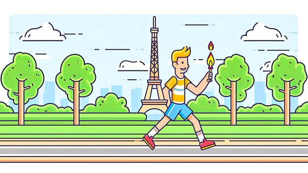 athlete carrying the olympic flame towards the eiffel