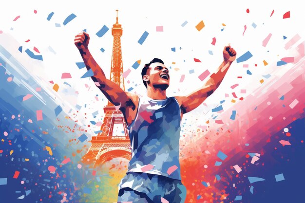 An athlete celebrating winning success with france paris eiffel tower background