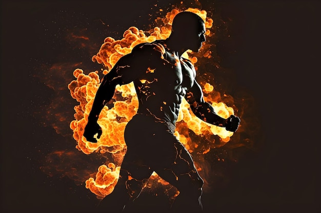 Athlete controls fire silhouette of strong man with energy generative ai