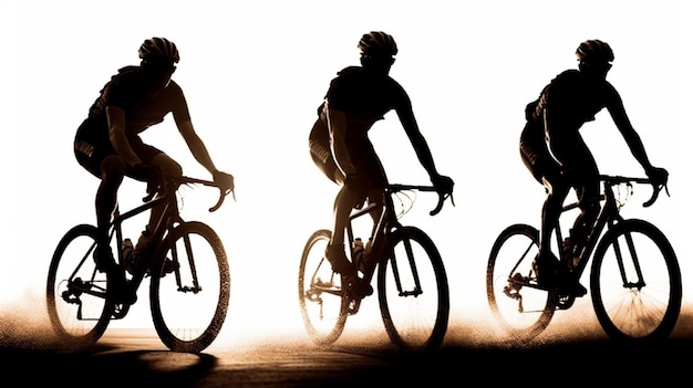 Athlete cyclists in silhouettes on isolated white background