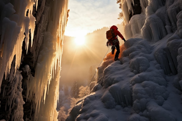 Спортсмен, переживающий жестокий холод, карабкается по суровому кристаллическому ледяному водопаду