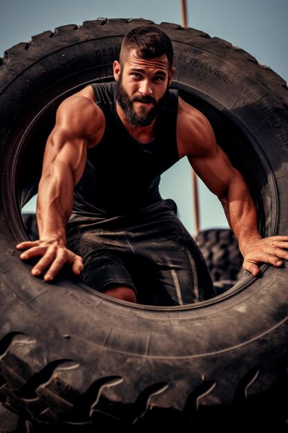 Photo athlete flipping a large tire showcasing the combination of strength and endurance