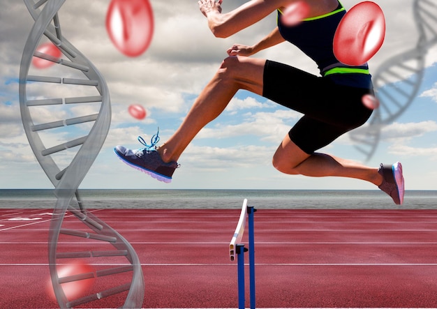 спортсмен прыгает через барьер с цепями ДНК
