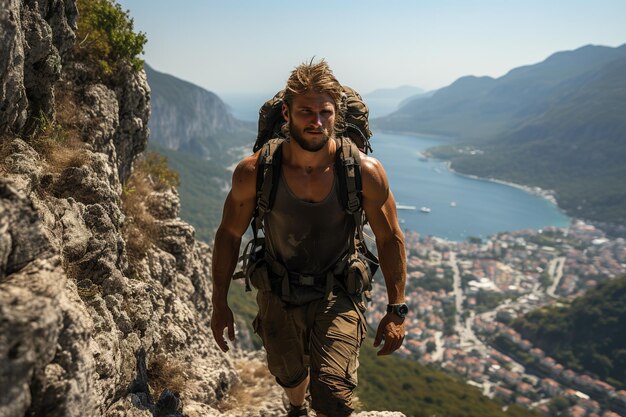 Foto atleta che guarda la telecamera arrampicandosi sulla montagna sul mare sopra la città in una giornata di sole e caldo