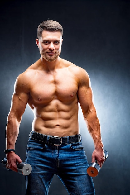 Athlete man stands with barbells against grey background Perfect abs