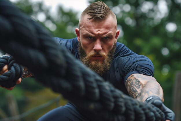 Athlete Performing Battle Rope Exercise in Gym with AI generated