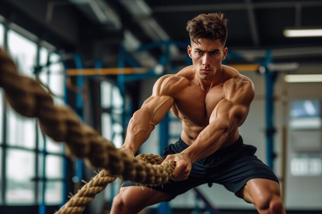 Athlete Performing Battle Rope Exercise in Gym with AI generated