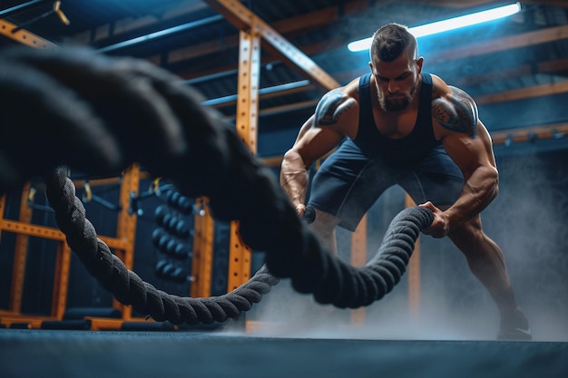 Athlete Performing Battle Rope Exercise in Gym with AI generated