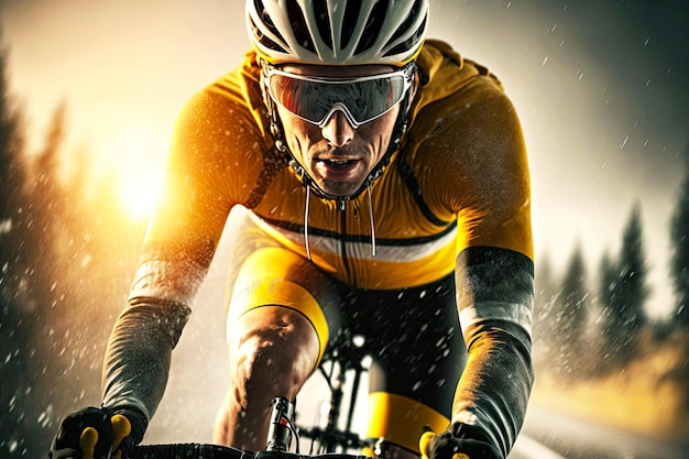 Athlete in protective helmet and bicycling glasses on flat road generative ai