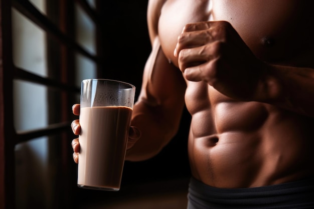 Foto un atleta che si rifornisce di carburante con un bicchiere di latte al cioccolato