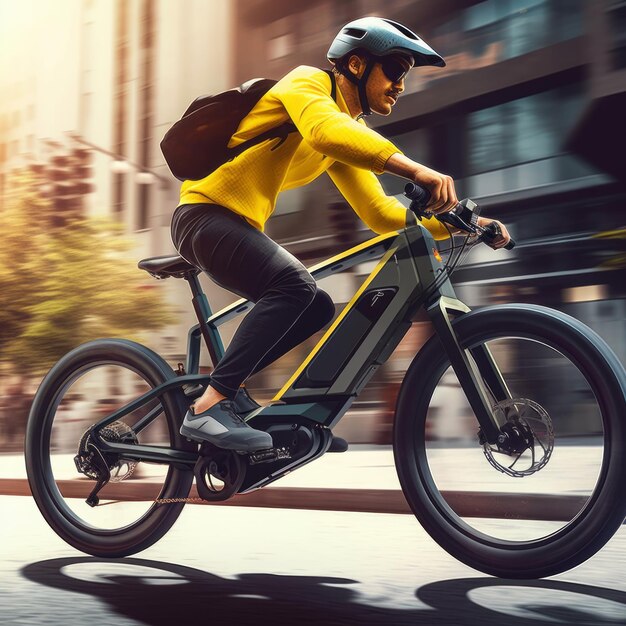 Photo an athlete riding an ebike on a city street