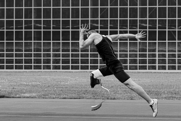 athlete runner disabled running on track black and white photo