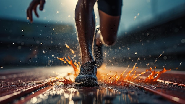 Foto piedi del corridore dell'atleta che corrono su scarpe da strada immagine generata dall'intelligenza artificiale