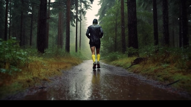 Athlete runner forest trail in the rain Generative AI