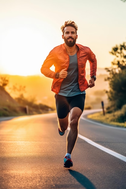 Фото Спортсмен бежит по дороге утром на восходе солнца, тренируясь для марафона и фитнеса