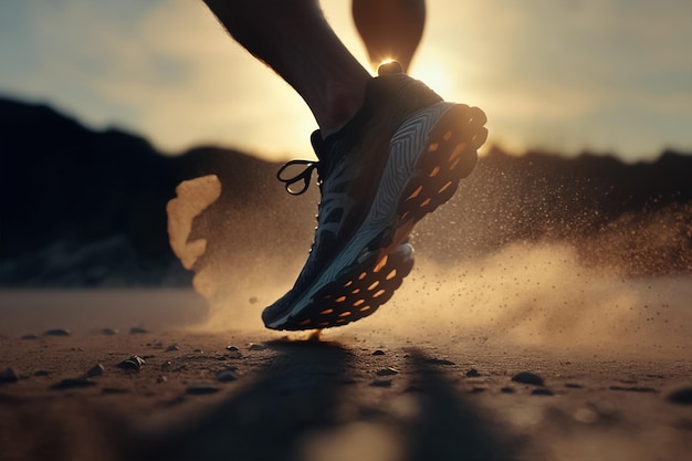 athlete running on road, close up on shoe in the morning sunlight