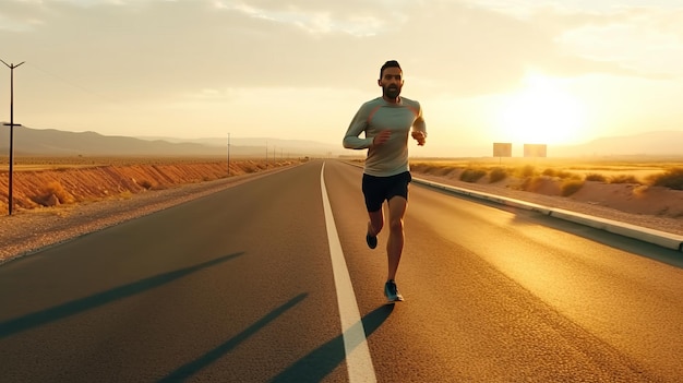 Athlete running on the road in morning sunrise training for marathon and fitness