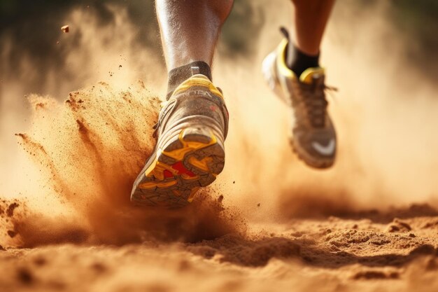 Photo athlete running on sand closeup of legs and shoes rear view closeup sport shoe of a racer running on a trail with dust ai generated