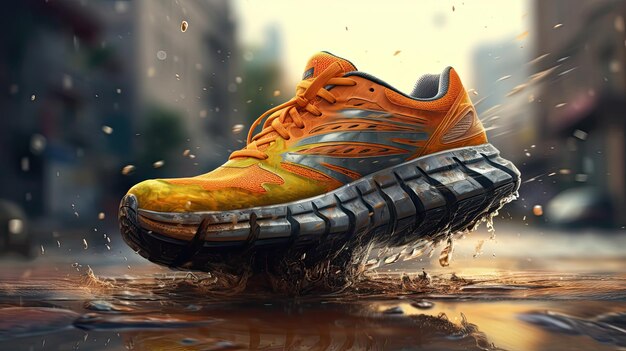 Athlete running shoe on city background generative ai