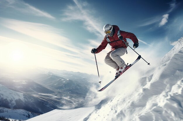 Athlete skier jumping through snow mountain