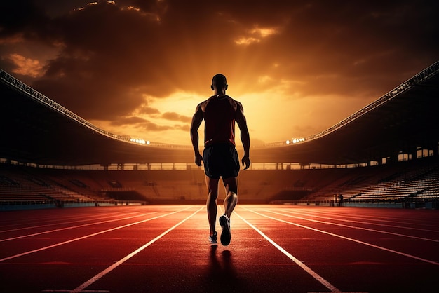 Спортсмен, бегун, тренирующийся, бегающий по полосе на стадионе утром, бегун в жилете
