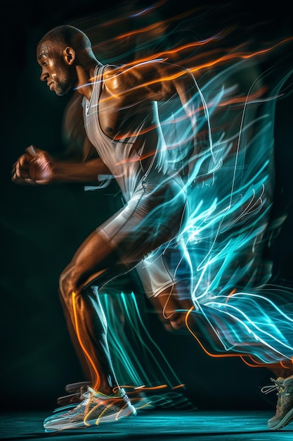 Athlete sprinting with intense focus and speed muscles glistening on an illuminated track