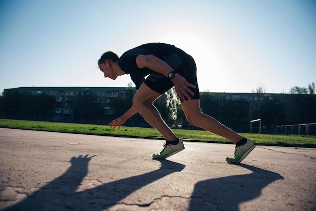 The athlete on the treadmill runs from the start