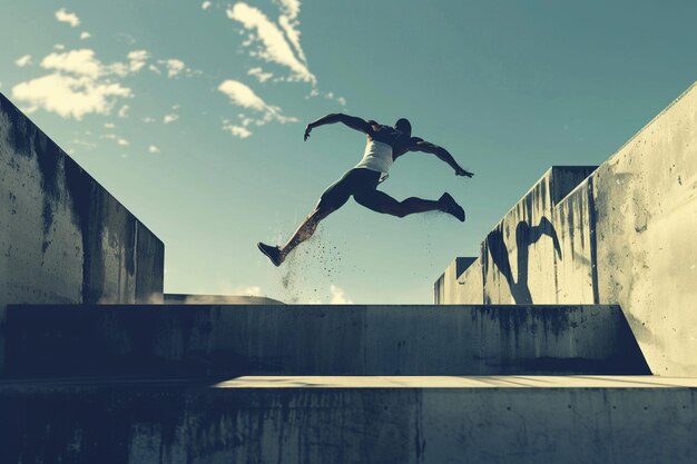 Photo athlete vaulting over concrete barriers with seaml