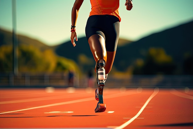 спортсмен с протезной ногой бежит по стадиону