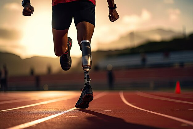 Photo athlete with prothetic leg running at the stadium