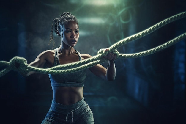 Athlete woman fit rope sport gym young sporty fitness african american female Generative AI