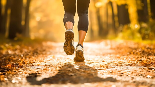 Photo athlete woman running in her sneakers trough the forest in autumn