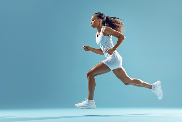 Foto donna atleta in corsa su uno sfondo pastello isolato