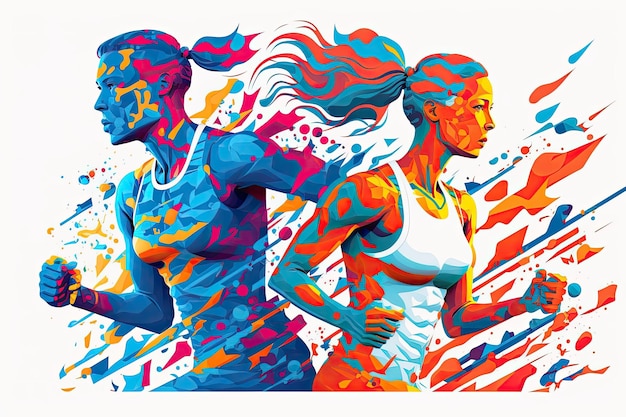 Athletes on a brightly colored sports banner Separated male and female athletes