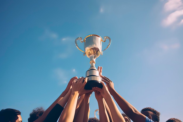 Photo athletes holding trophies high ai technology generated image