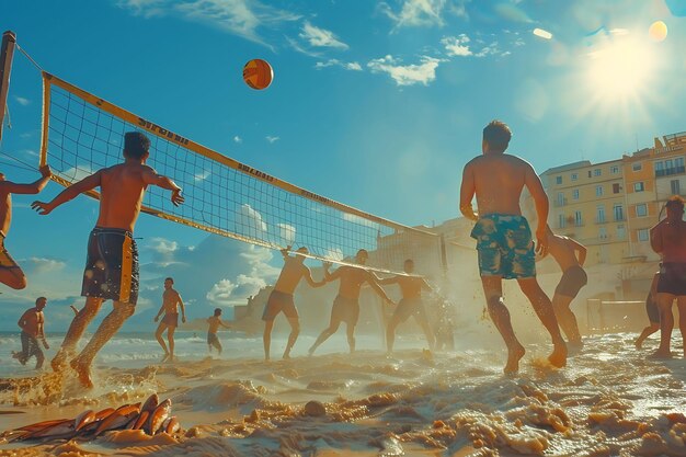 写真 ポルトガル の 隣国 で ビーチ バレーボール を プレー し て いる 選手 たち の 休日 活動 の 背景
