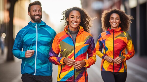 Athletes walking in vibrant multi colored jackets outdoor