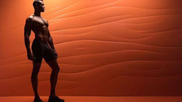 Athletic african american man with muscular body posing in studio against orange background