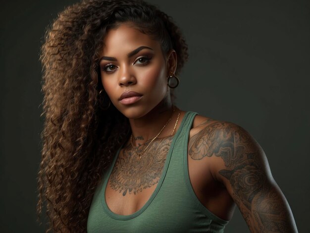 Athletic African American with tattoos wearing an dark green top