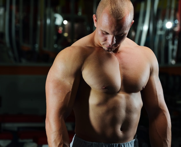 Athletic bodybuilder, execute exercise in sport gym hall