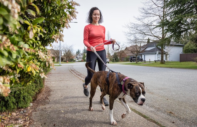 ボクサー犬と一緒に外で走っている運動白人成人女性